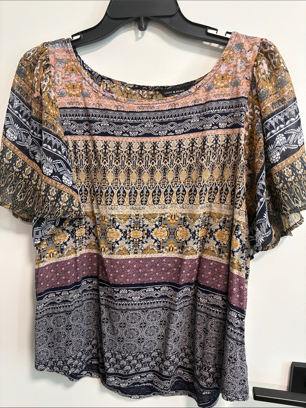 Lucky Brand Multi-Print Scoop Neck Blouse in Mustard Pink Navy